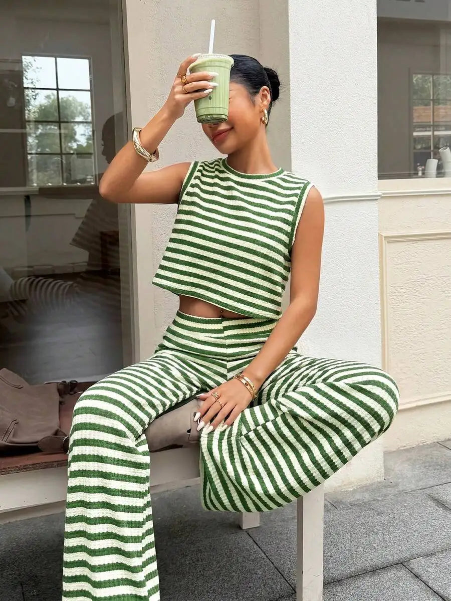 Women's Striped Sleeveless Top and Wide Leg Pants Relaxed Matching Set