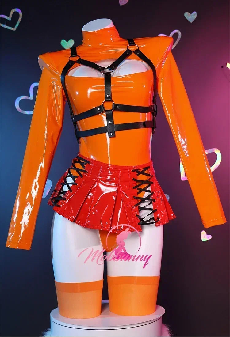 Women's Zip Front Bodysuit Set with Lace-Up Mini Skirt, Harness Belt and Matching Socks