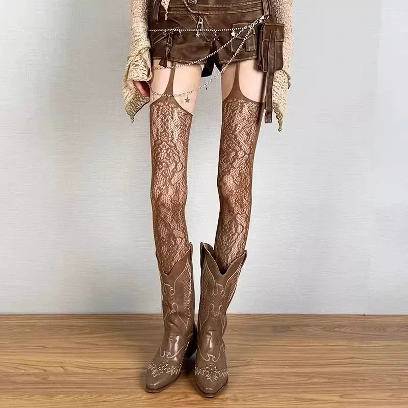 Floral Fishnet Suspender Tights Alternative Punk Fashion Garter Style Hosiery