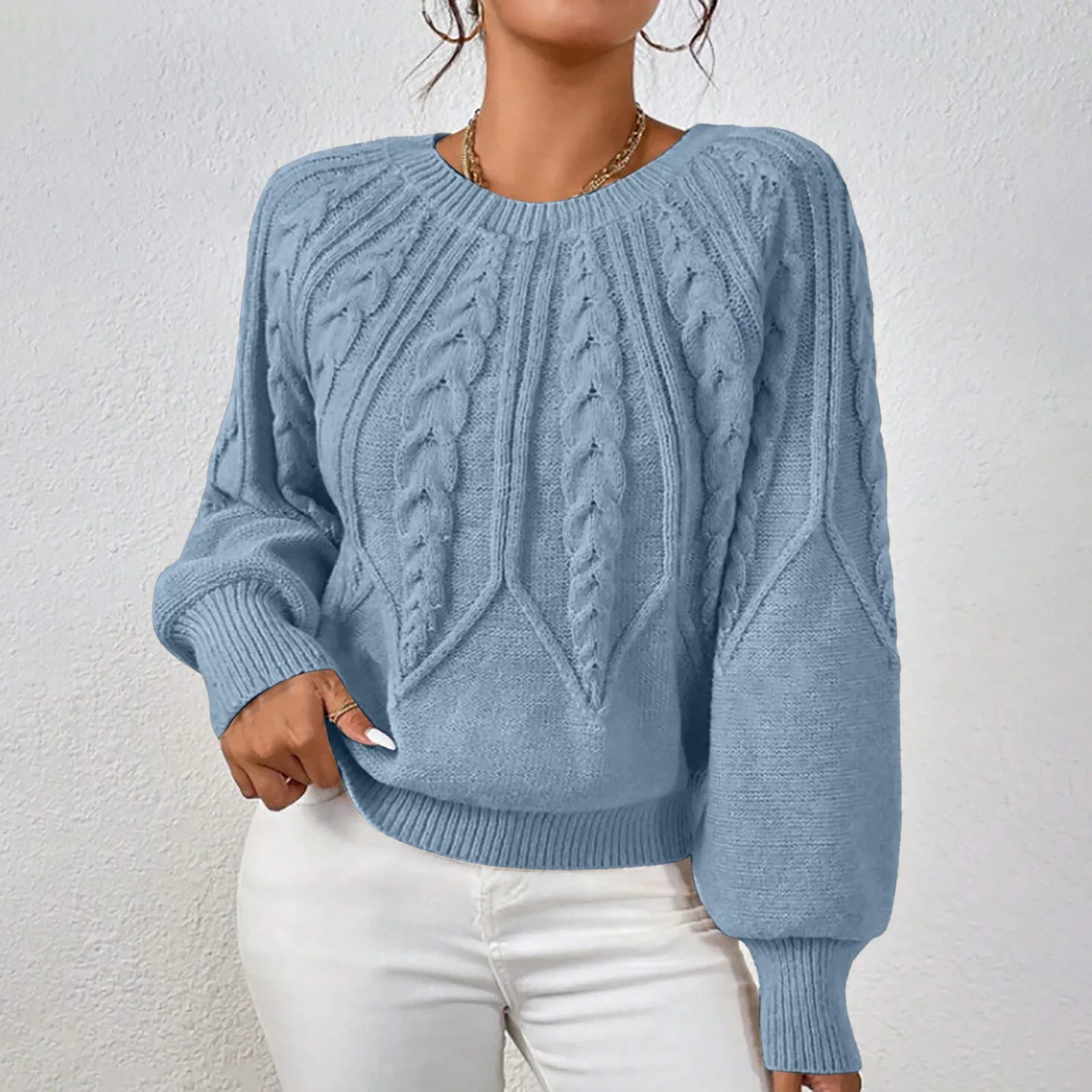 Women's Textured Cable Knit Crew Neck Relaxed Fit Sweater Pullover