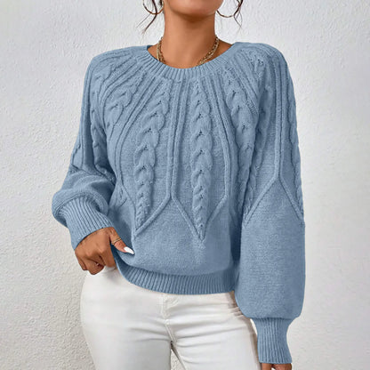 Women's Textured Cable Knit Crew Neck Relaxed Fit Sweater Pullover