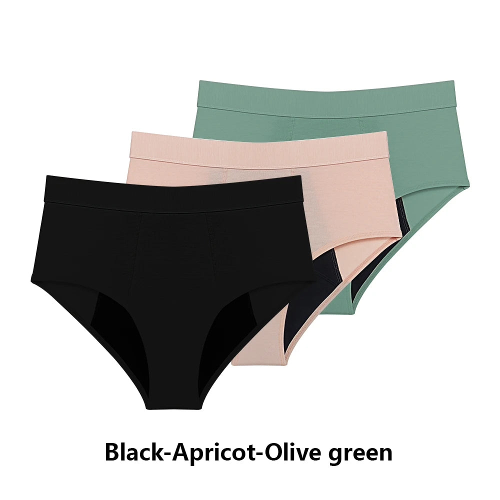 Three-Piece High-Waisted Absorbent Brief Set in Solid Tones