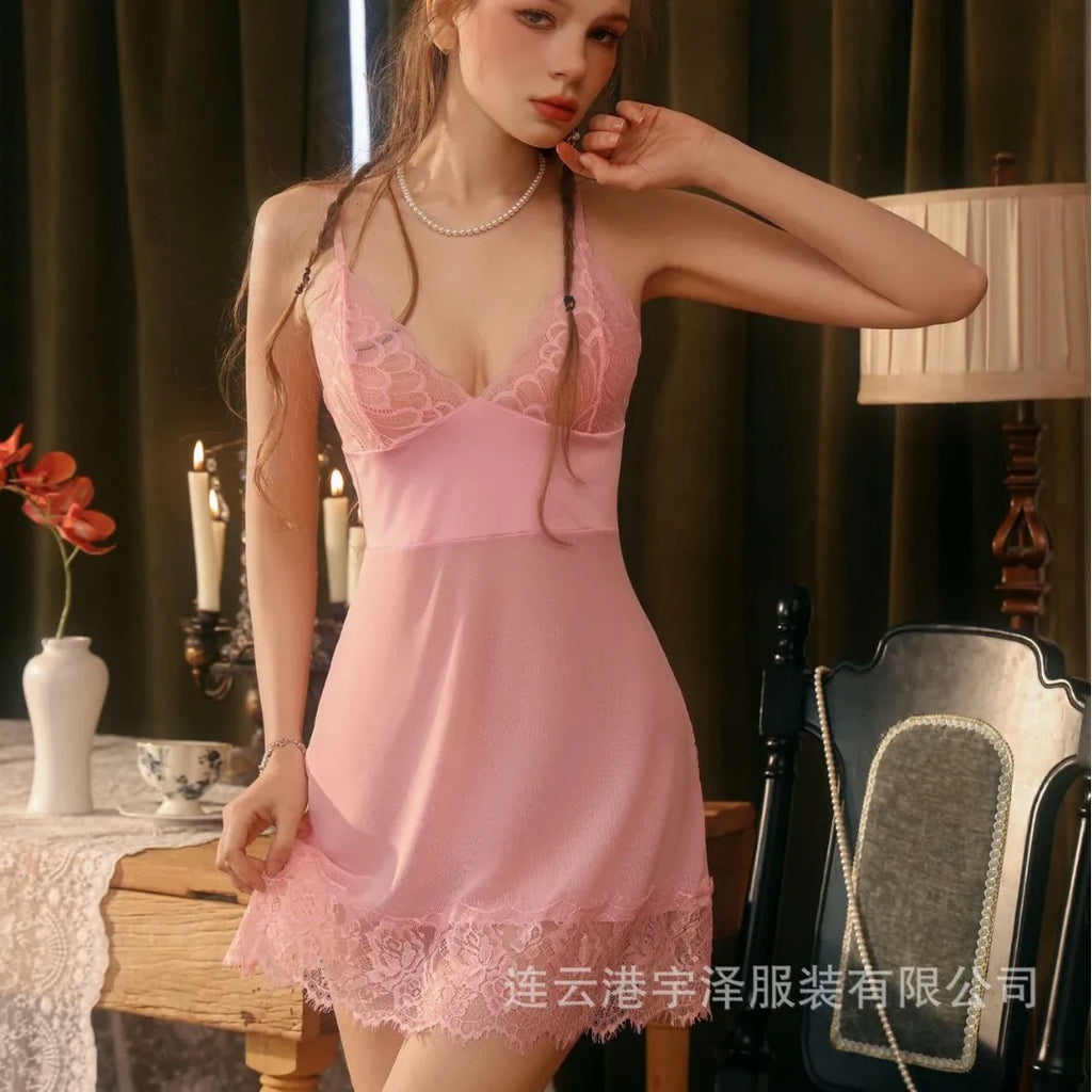 Soft Pink Sheer Mesh Chemise Nightgown with Deep V-Neckline and Lace Hem