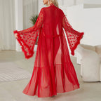Dramatic Sheer Red Mesh Robe with Flowing Bell Sleeves and Lace Edging