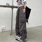 Women's Low-Rise Drawstring Wide-Leg Cargo Sweatpants with Utility Pocket Streetwear Style