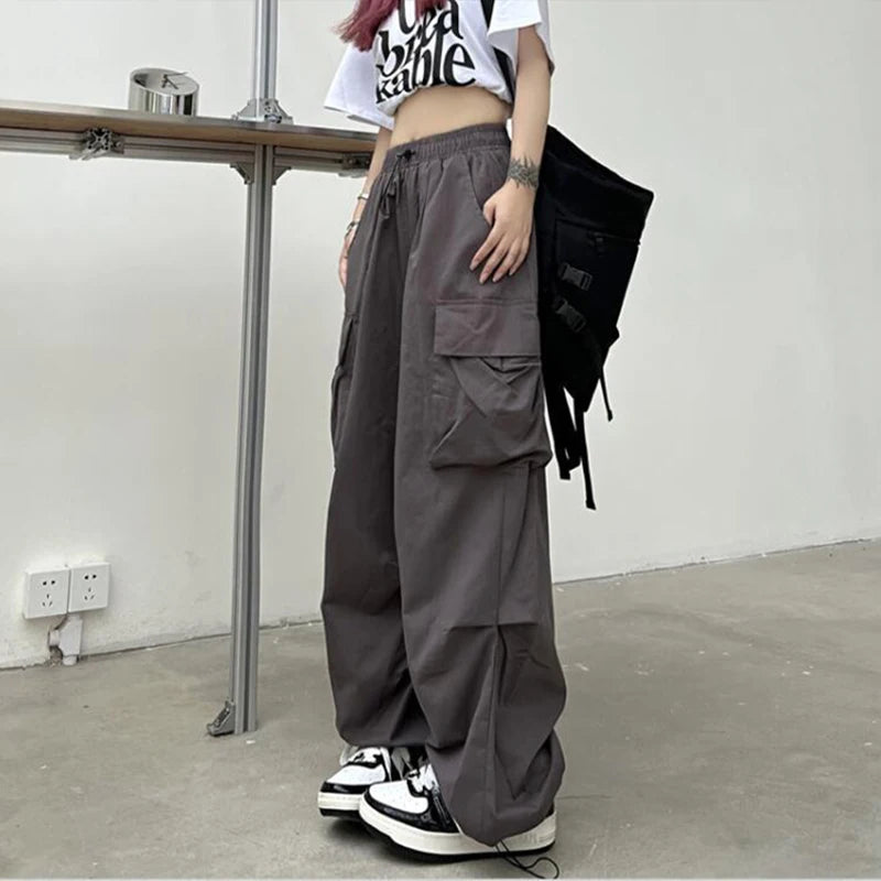 Women's Low-Rise Drawstring Wide-Leg Cargo Sweatpants with Utility Pocket Streetwear Style