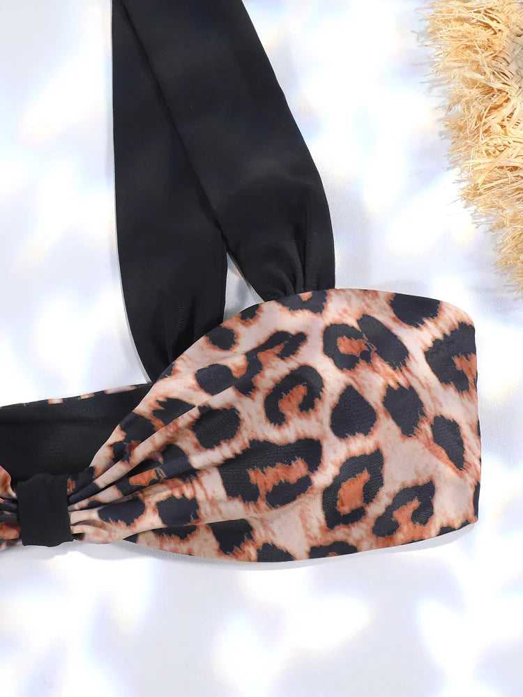 Leopard Print and Black Contrast Block Bikini Set with Wide Straps