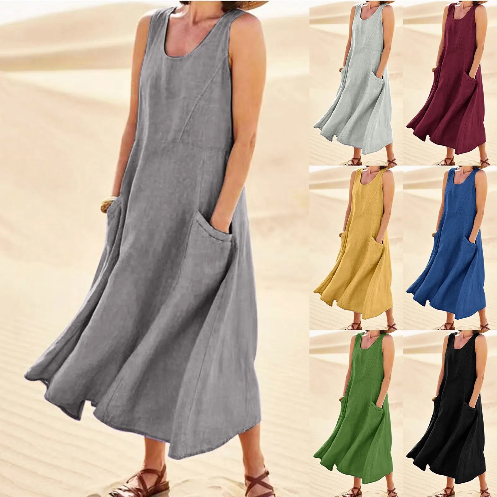Relaxed Sleeveless Tank Maxi Dress with Pockets and Flowy Silhouette