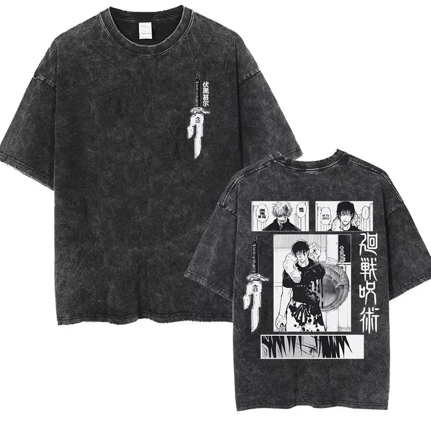 Retro Anime Goth Oversized Tee with Manga-Inspired Character Artwork