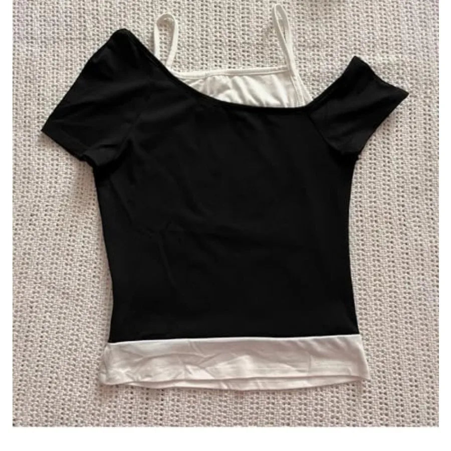 Layered Graphic Baby Tee with Contrast Panels and Alternative Y2K Styling