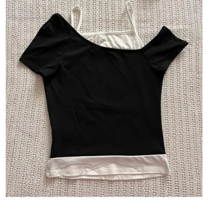 Layered Graphic Baby Tee with Contrast Panels and Alternative Y2K Styling