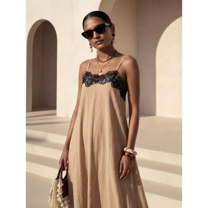 Contrast Trim Maxi Dress With Soft A Line Flowing Silhouette