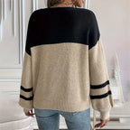 Women's Oversized Color Block Crew Neck Ribbed Knit Pullover Sweater