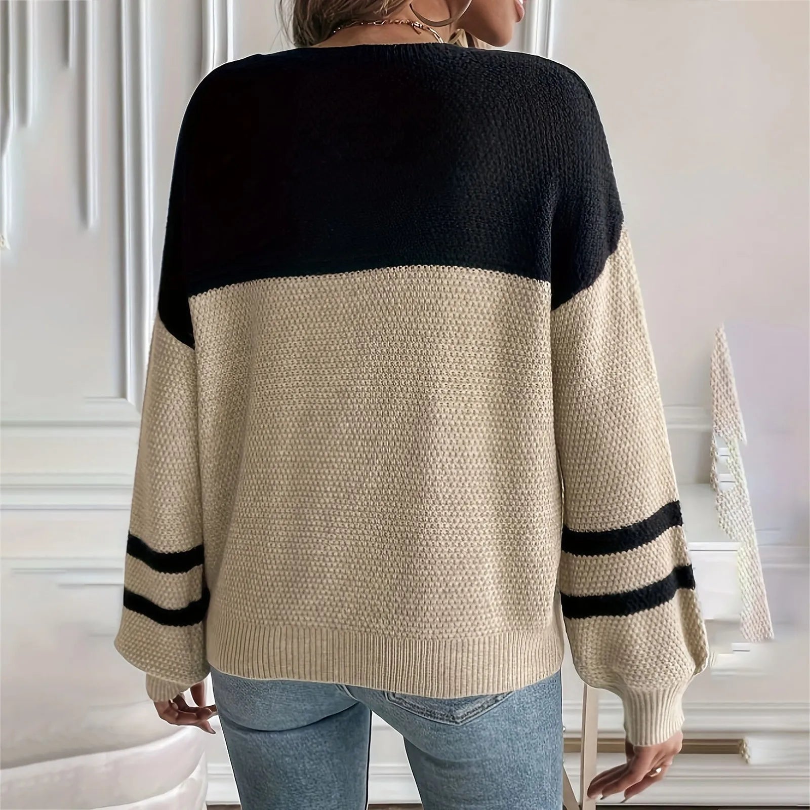 Women's Oversized Color Block Crew Neck Ribbed Knit Pullover Sweater