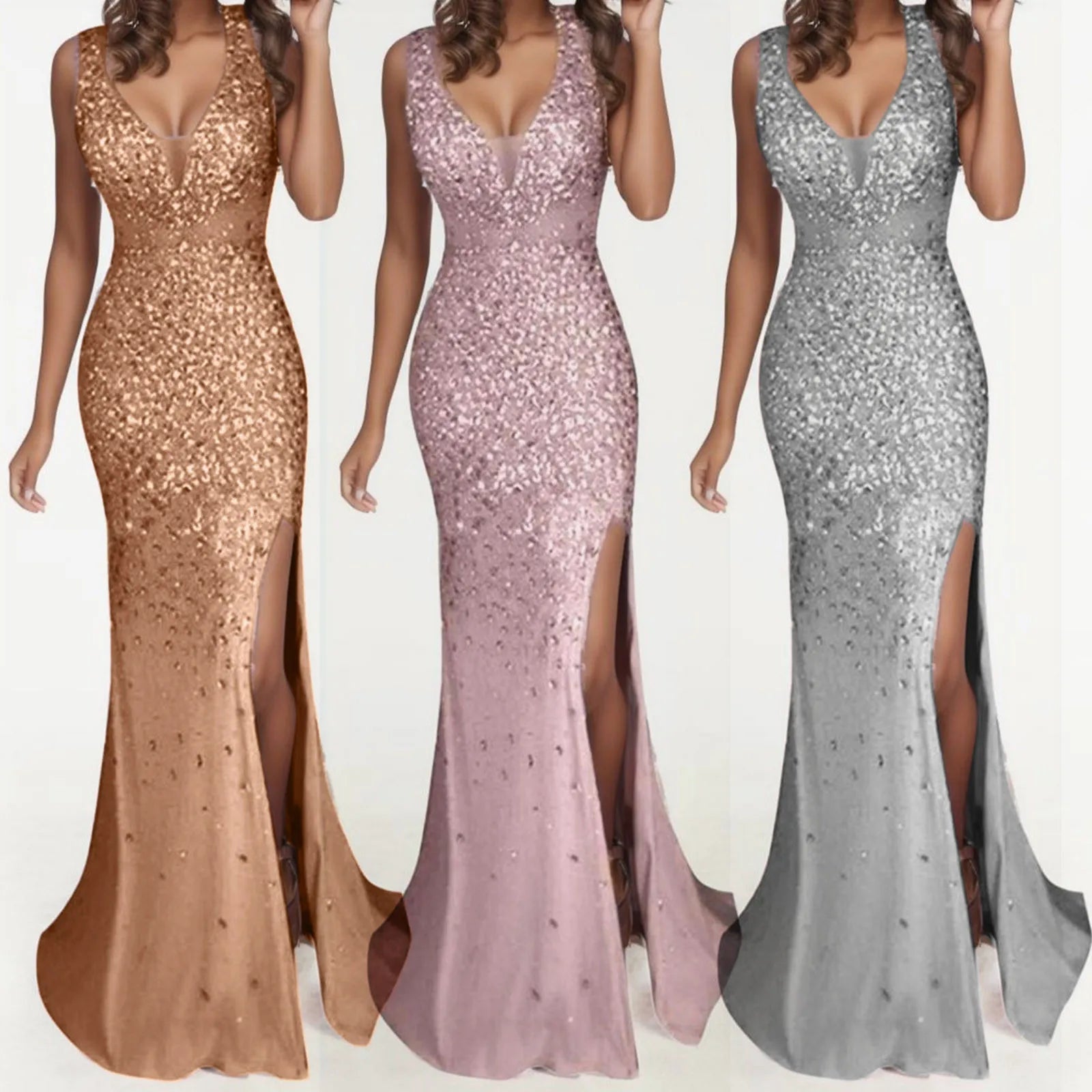 Textured Sequin Maxi Dress With Sculpted Fit And Side Slit