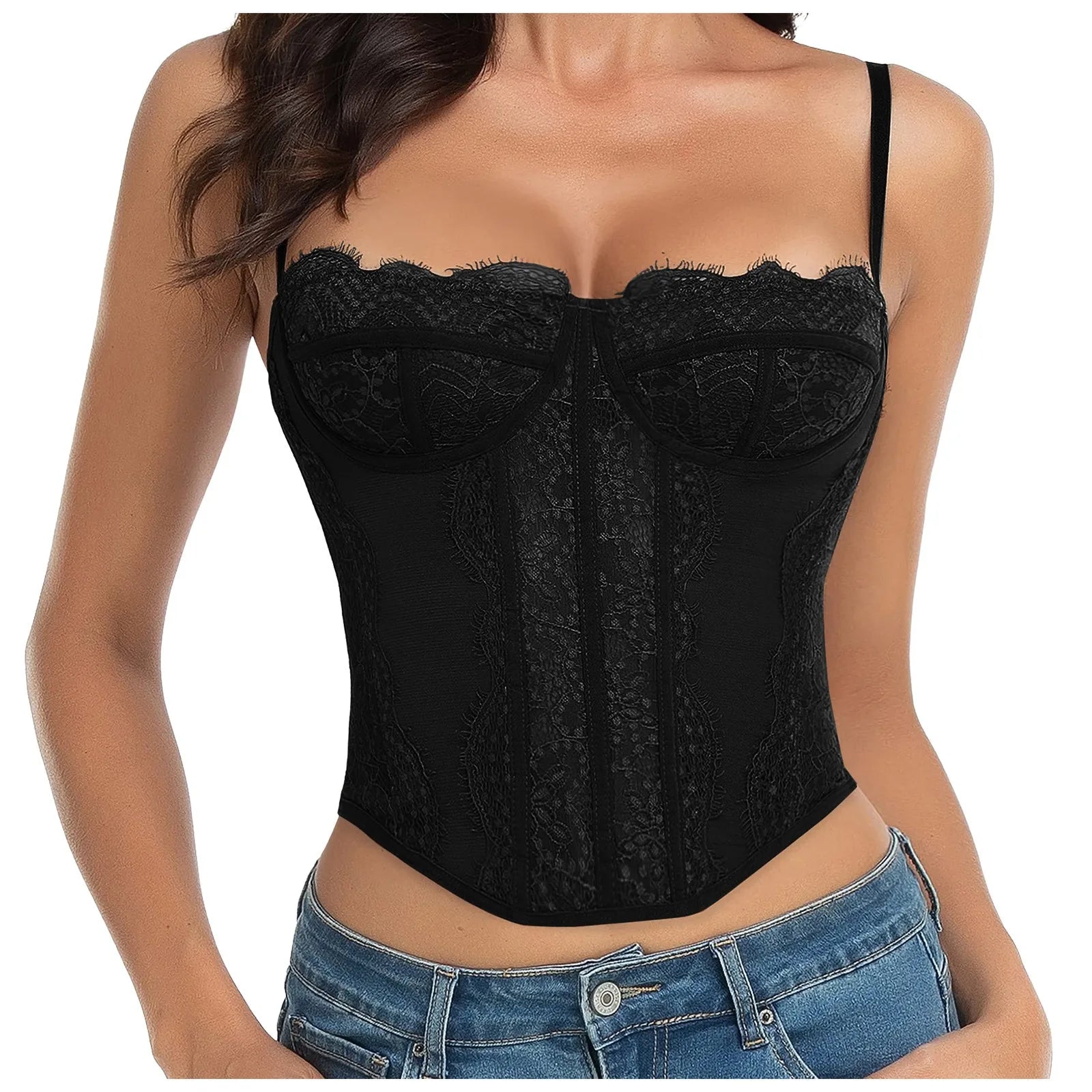 Structured Lace Trim Corset Top with Sweetheart Neckline and Sculpted Fit