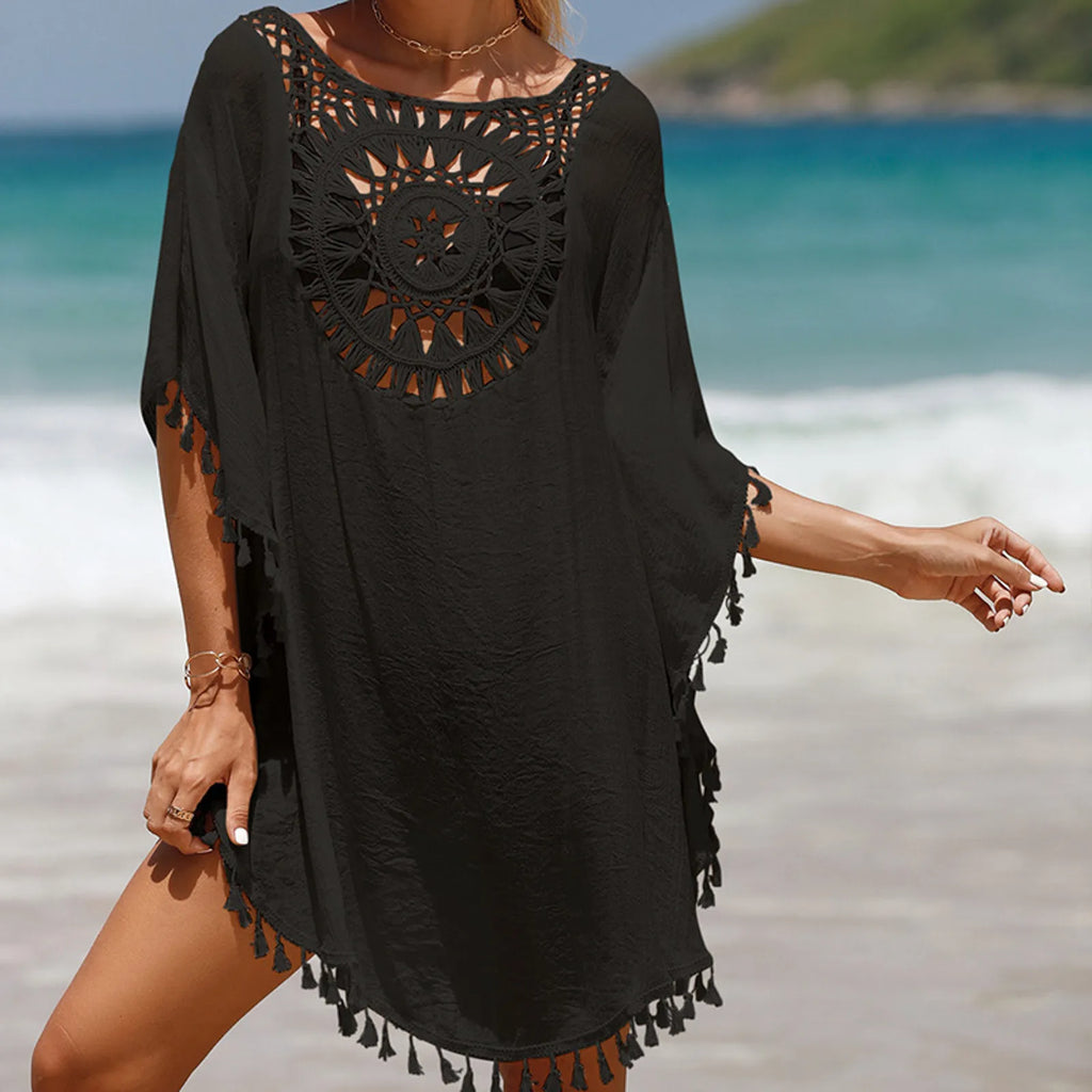 Boho Crochet Beach Cover-Up Tunic with Tassel Details, Loose Open-Knit Design and Bikini Layering Silhouette