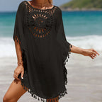 Boho Crochet Beach Cover-Up Tunic with Tassel Details, Loose Open-Knit Design and Bikini Layering Silhouette