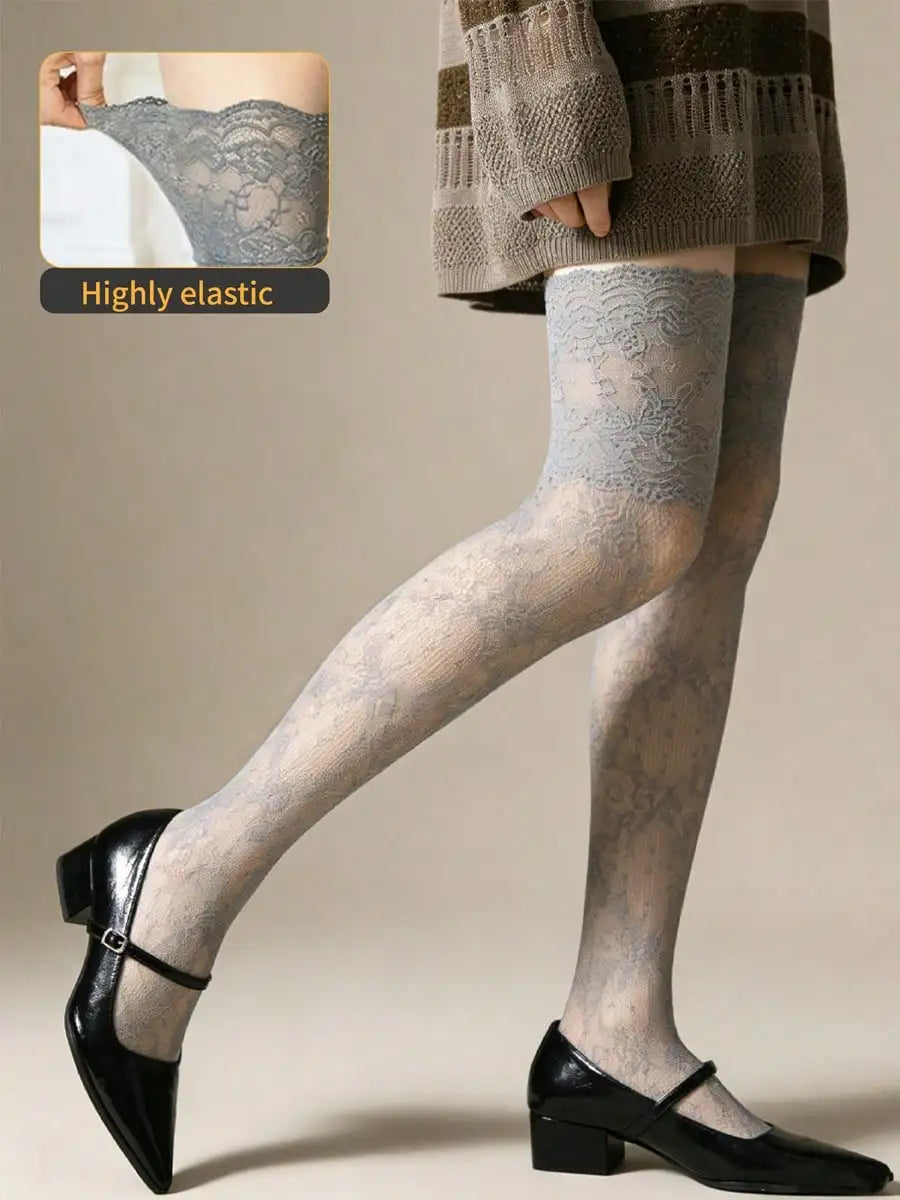 Vintage Floral Lace Thigh High Sheer Stockings with Non-Slip Stay-Up Design for Everyday Style