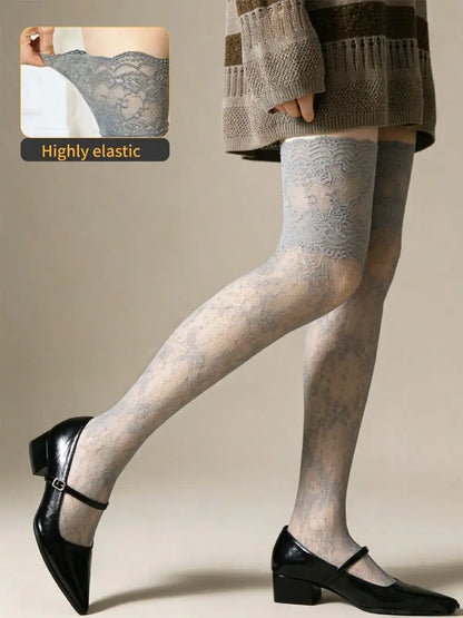 Vintage Floral Lace Thigh High Sheer Stockings with Non-Slip Stay-Up Design for Everyday Style