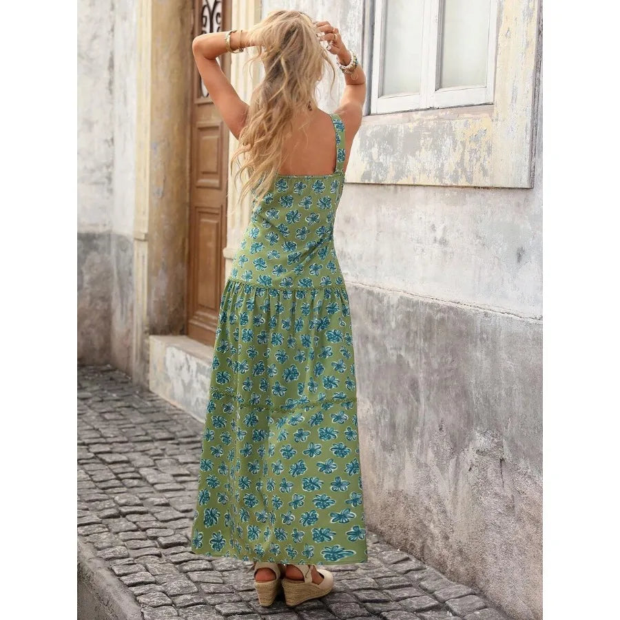 Sleeveless Floral Maxi Dress with Cinched Waist and Flowing A-Line Shape