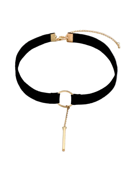 Minimalist Velvet Circle Choker Necklace with Gothic Pendant Chain Detail