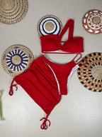 Vibrant Orange Three-Piece Swimwear Set with Ruched Bralette and Cover-Up Skirt