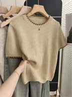 Women's Contrast Trim Short Sleeve Knit Sweater with Relaxed Retro Cropped Silhouette