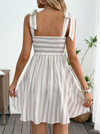 Tie Shoulder Striped A-Line Mini Dress with Square Neck Design