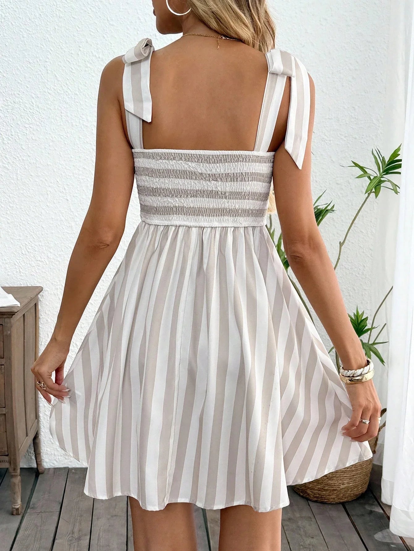 Tie Shoulder Striped A-Line Mini Dress with Square Neck Design