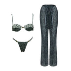 Three-Piece Zebra Print Swimwear Set with Matching Sheer Mesh Pants