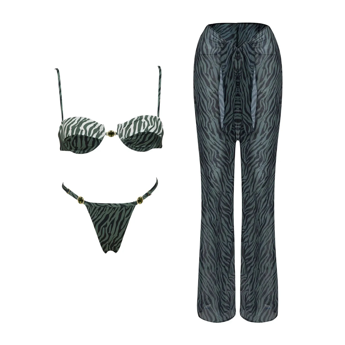 Three-Piece Zebra Print Swimwear Set with Matching Sheer Mesh Pants