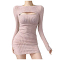 Ribbed Long Sleeve Sweater Mini Dress with Cutout Detail Contemporary Style