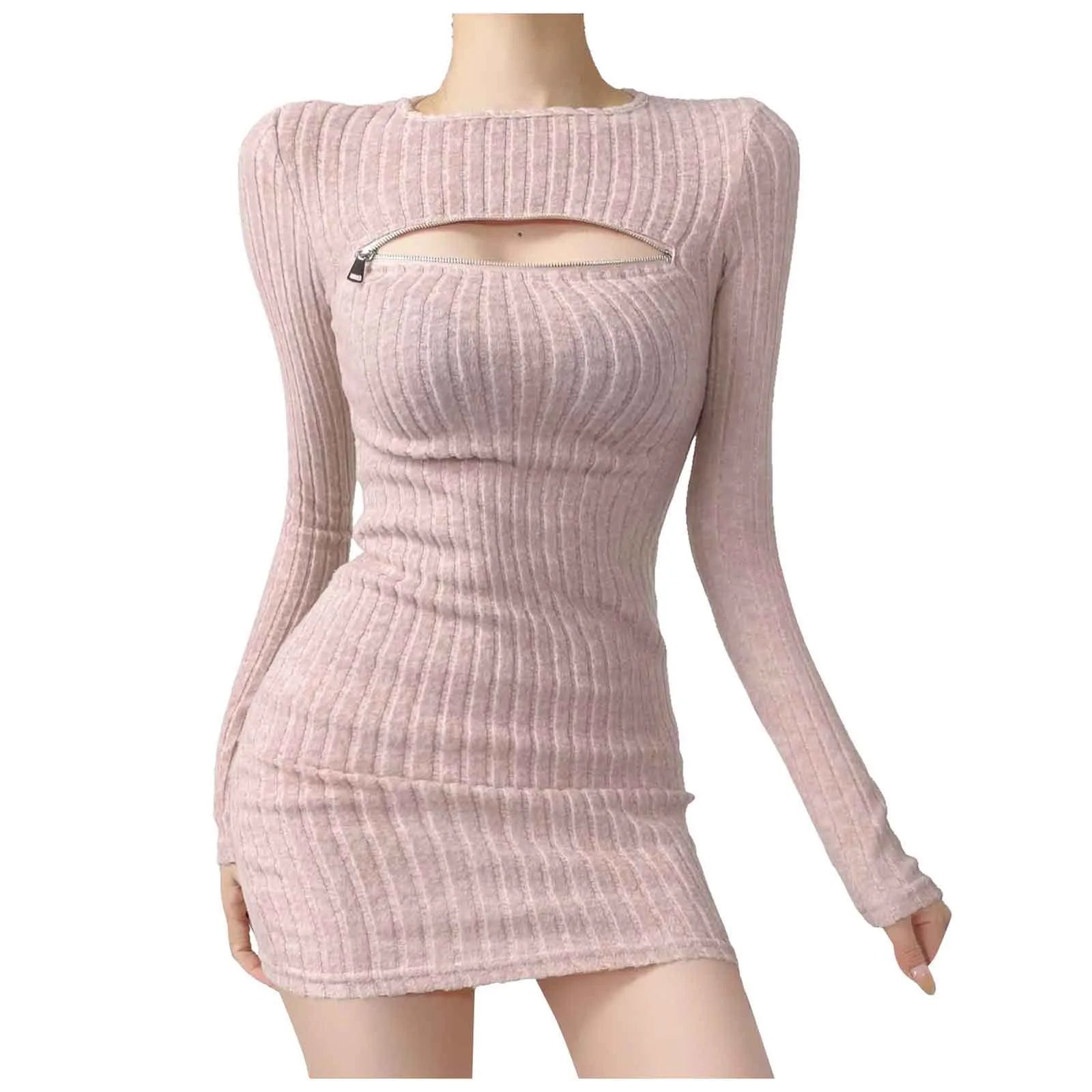 Ribbed Long Sleeve Sweater Mini Dress with Cutout Detail Contemporary Style