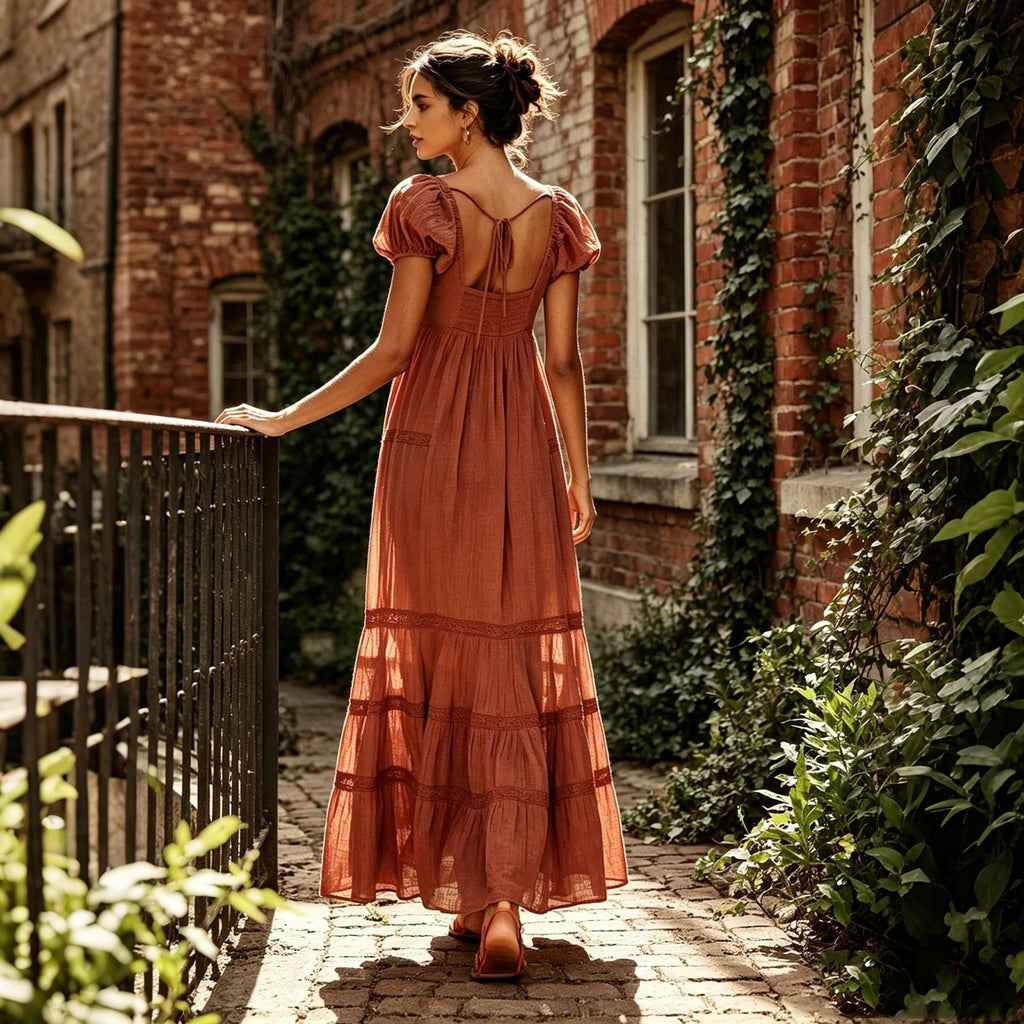 Pleated Maxi Dress With Puff Sleeves And Flowing Silhouette