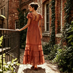 Pleated Maxi Dress With Puff Sleeves And Flowing Silhouette