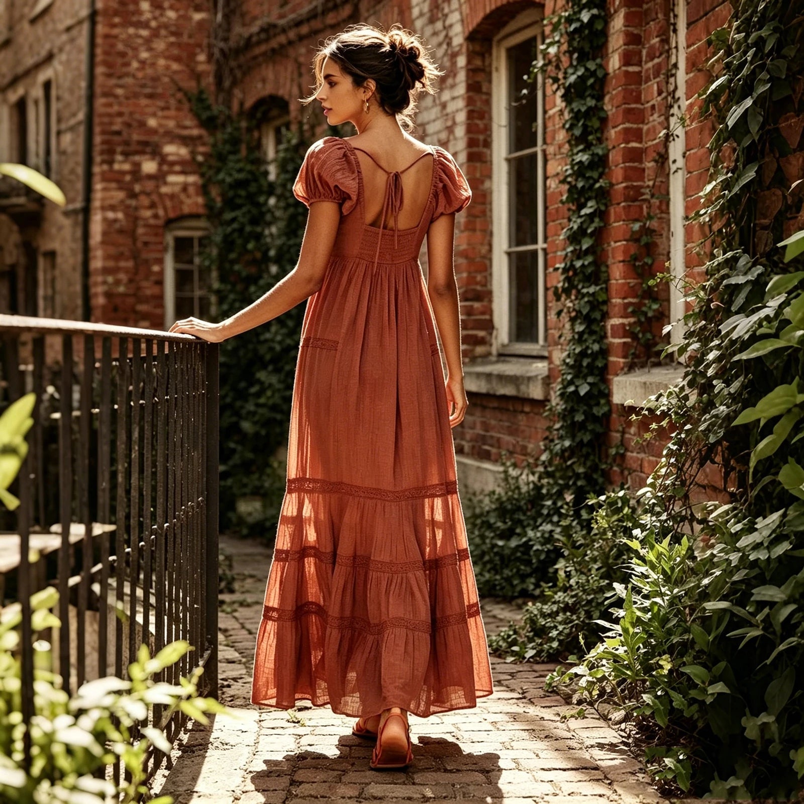 Pleated Maxi Dress With Puff Sleeves And Flowing Silhouette