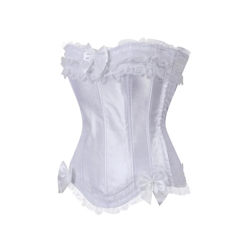 Luminous White Satin Overbust Corset with Ruffled Lace Trim and Bow Detailing