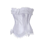 Luminous White Satin Overbust Corset with Ruffled Lace Trim and Bow Detailing