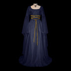 Medieval Fantasy Gothic Maxi Dress with Layered Sleeves and Romantic Elegance