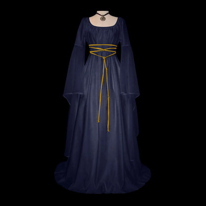 Medieval Fantasy Gothic Maxi Dress with Layered Sleeves and Romantic Elegance