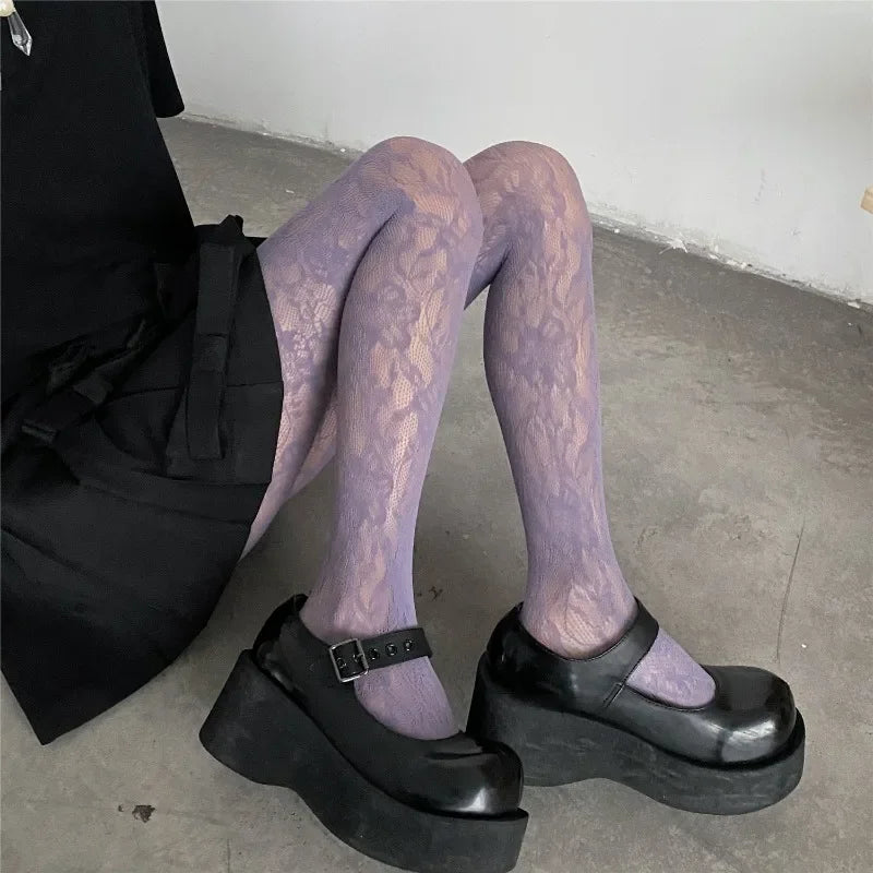 Floral Embroidered Mesh Stockings with Sheer Lace Pattern for Contemporary Streetwear Styling
