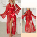 Dramatic Floor-Length Sheer Floral Lace Robe with Long Sleeves and Satin-Style Belt