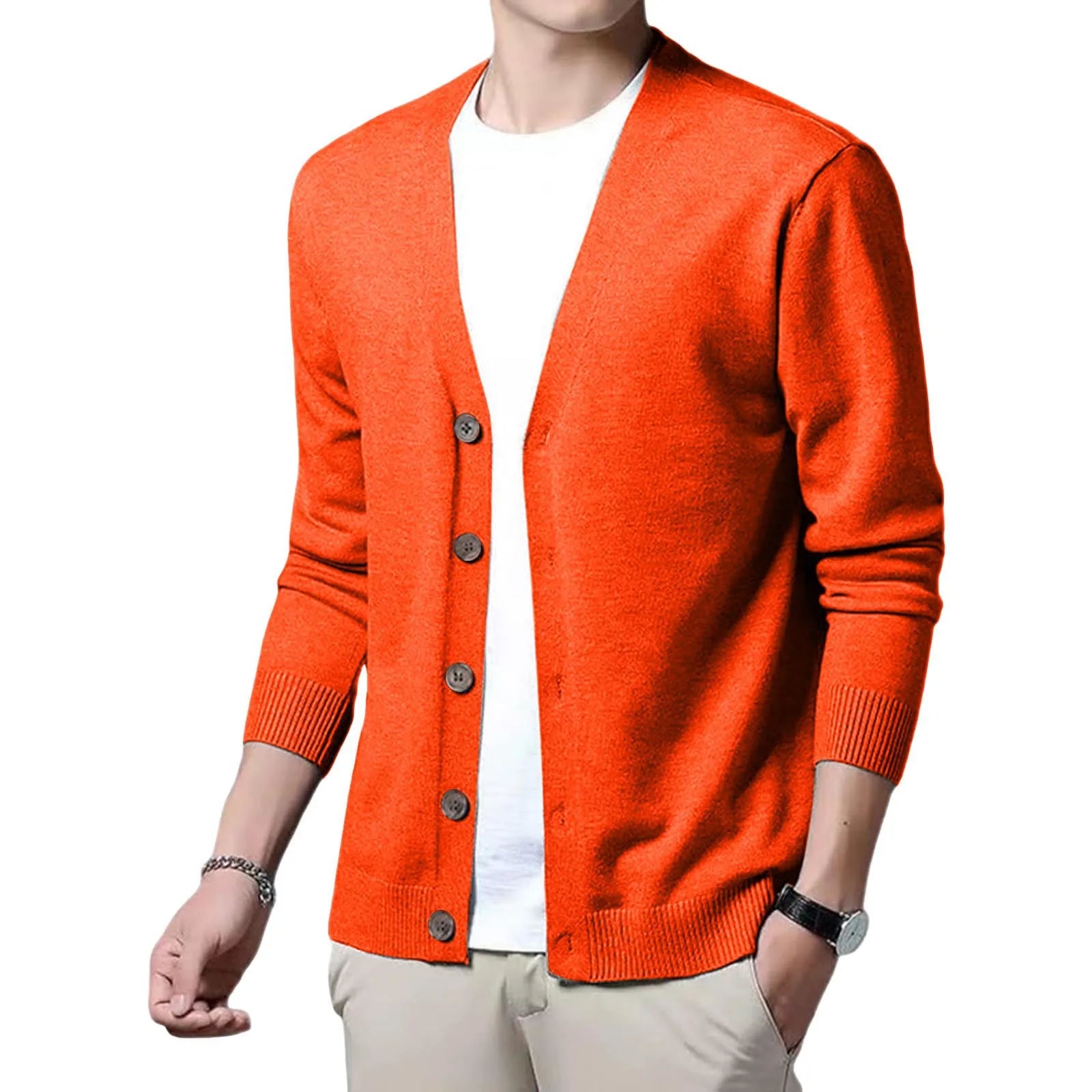 Men's V Neck Button Front Cardigan with Lightweight Ribbed Knit Construction