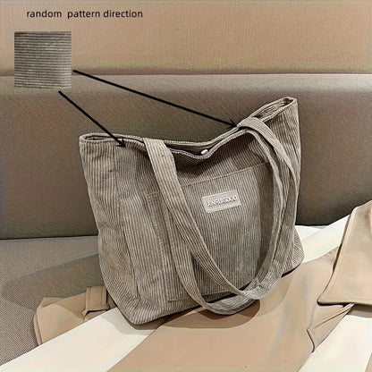 Large Capacity Corduroy Tote Shoulder Bag with Front Pocket Detail