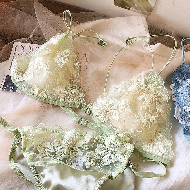 Ethereal Sheer Floral Embroidered Triangle Bralette and Matching Low-Rise Thong Set