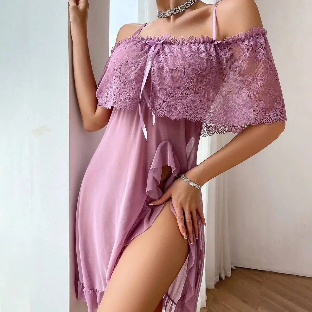 Dusty Mauve Cold-Shoulder Mesh Nightgown with Ruffled Slit Skirt