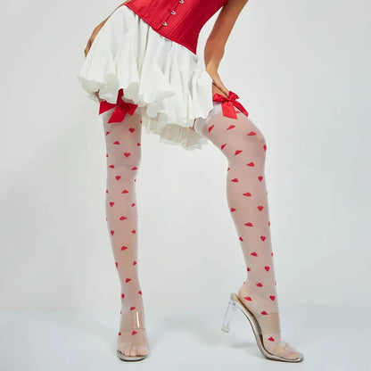 Heart Pattern Sheer Thigh High Stockings with Decorative Bow Detail for Sweet Everyday Fashion