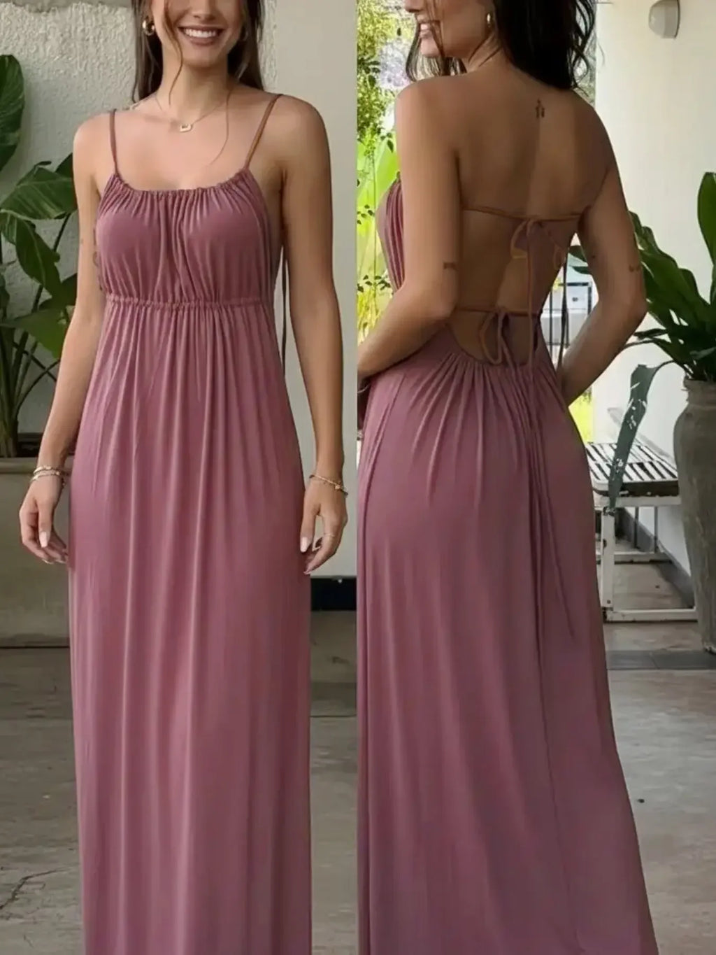 Women's Ruched Pink Cami Nightgown, Sleeveless Glossy Sleep Dress with Spaghetti Straps and Relaxed Feminine Silhouette