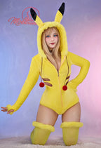 Women's Hooded Plush Romper with Animal Ear Hood, Tail and Matching Thigh-High Socks